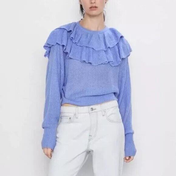 Zara NWOT Ruffled Sweater S Blue Long Sleeves Chunky Knit Crop Pullover Crochet - Picture 1 of 7